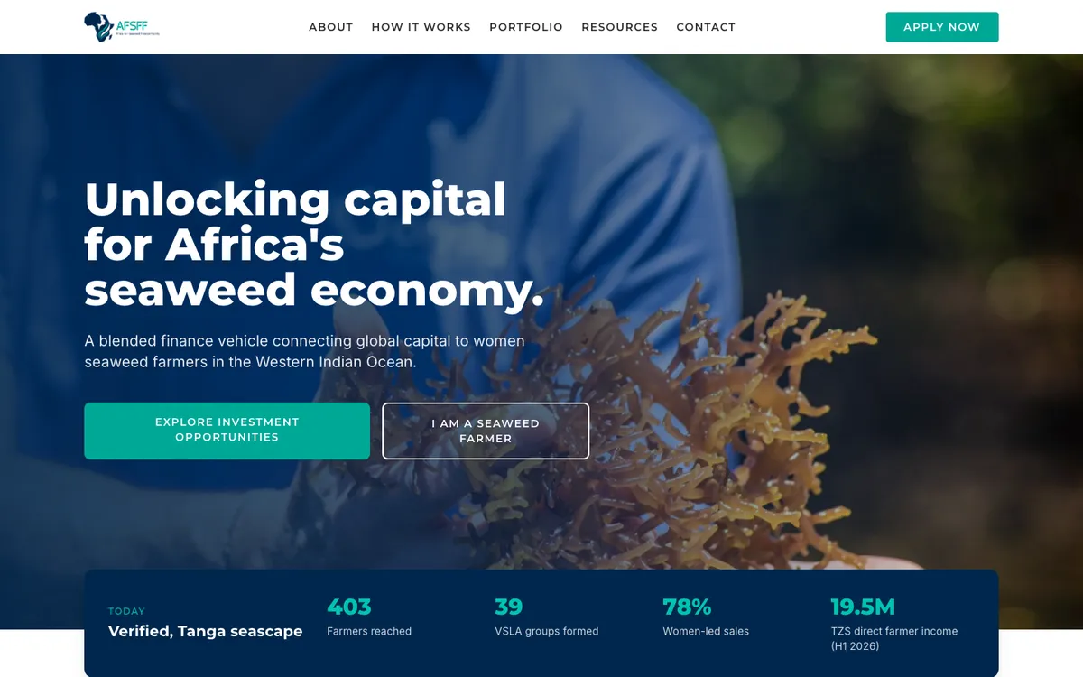 Screenshot of Website for a seaweed finance facility